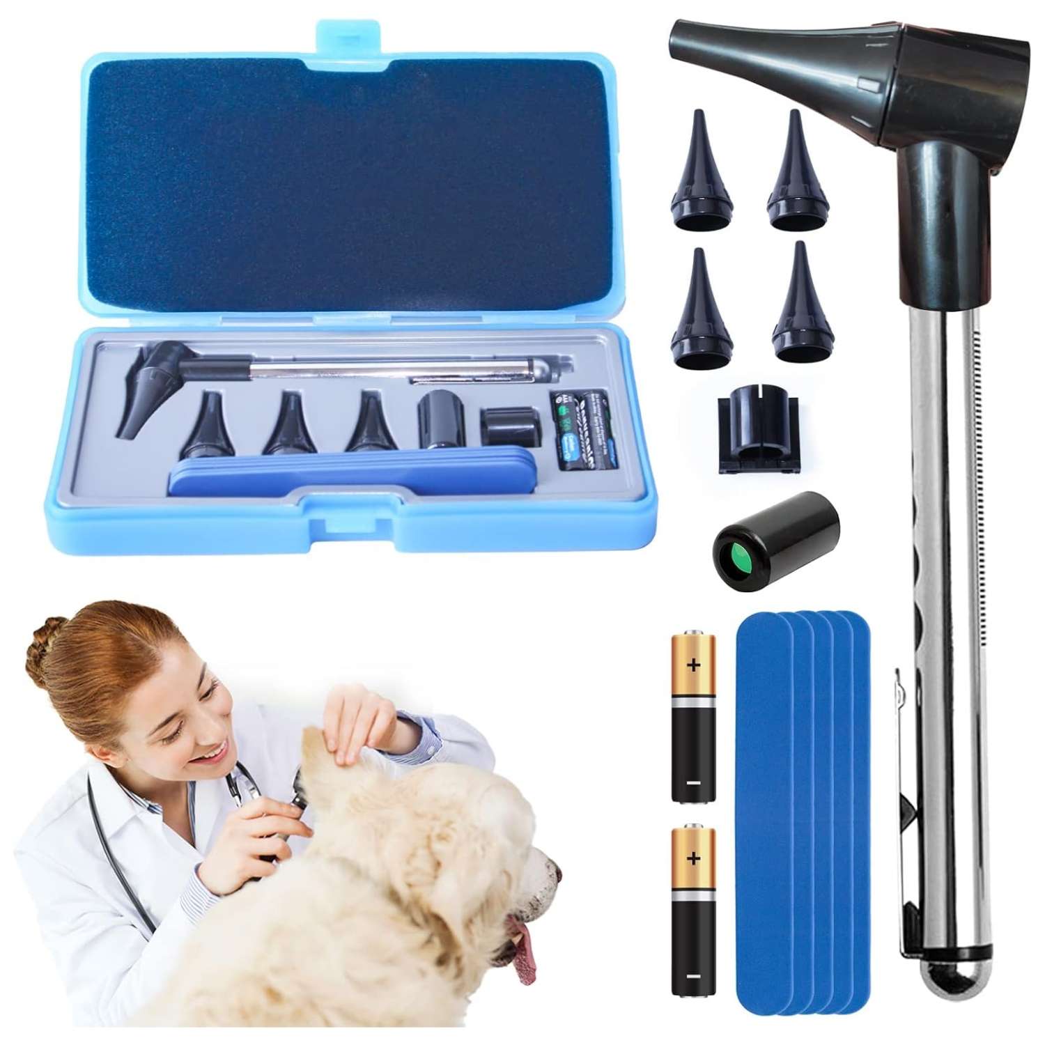 Kit de diagnostico veterinario 4 en 1 con otoscopio y oftalmoscopio luz led para revision de mascotas
