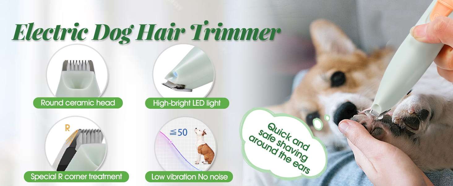 Kit veterinario de tres piezas con polvo pinzas y recortadora electrica para limpieza de oidos caninos.