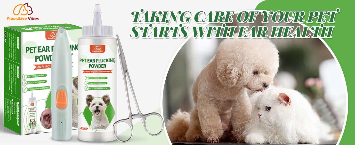 Kit veterinario de tres piezas con polvo pinzas y recortadora electrica para limpieza de oidos caninos.