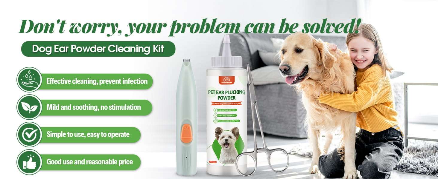 Kit veterinario de tres piezas con polvo pinzas y recortadora electrica para limpieza de oidos caninos.