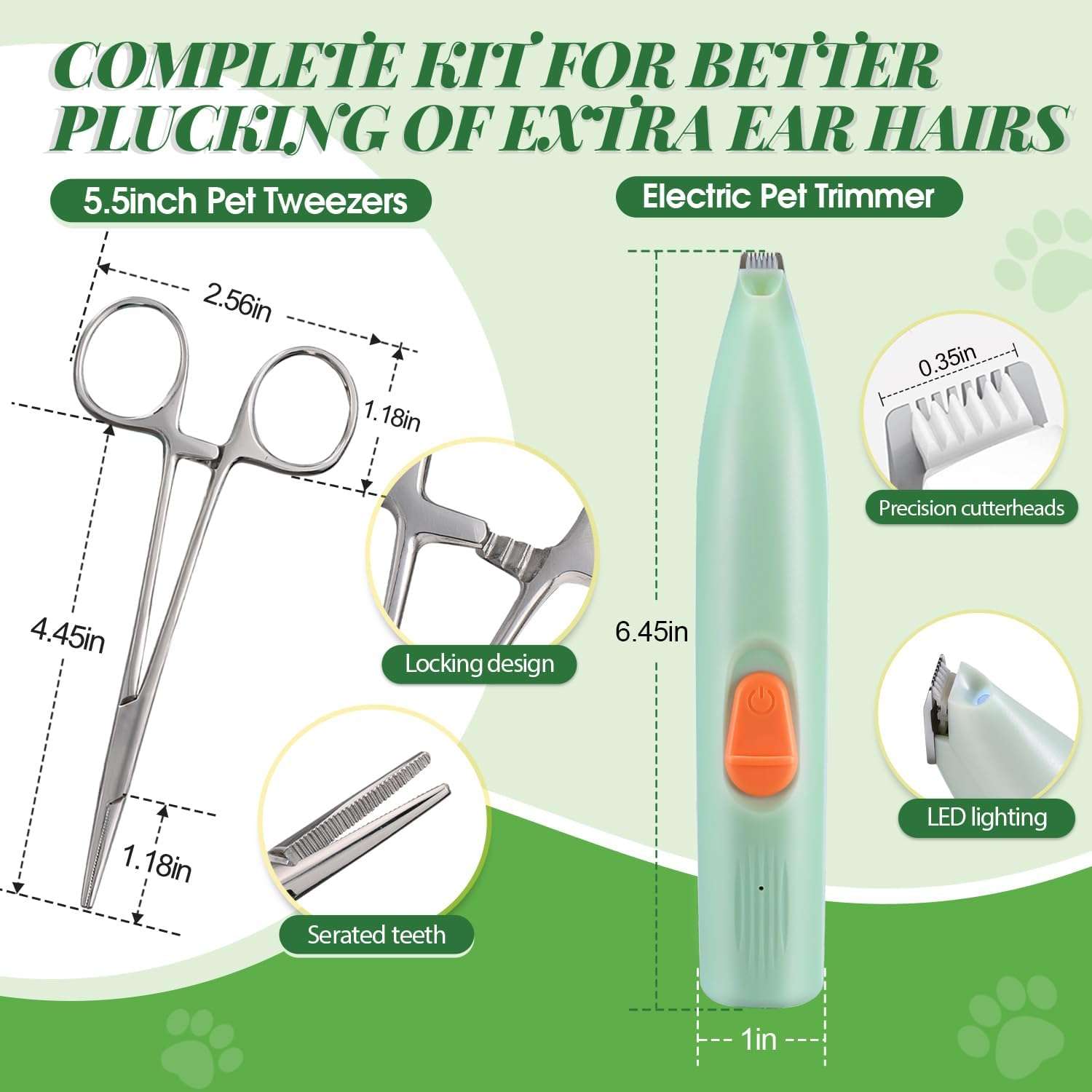 Kit veterinario de tres piezas con polvo pinzas y recortadora electrica para limpieza de oidos caninos.