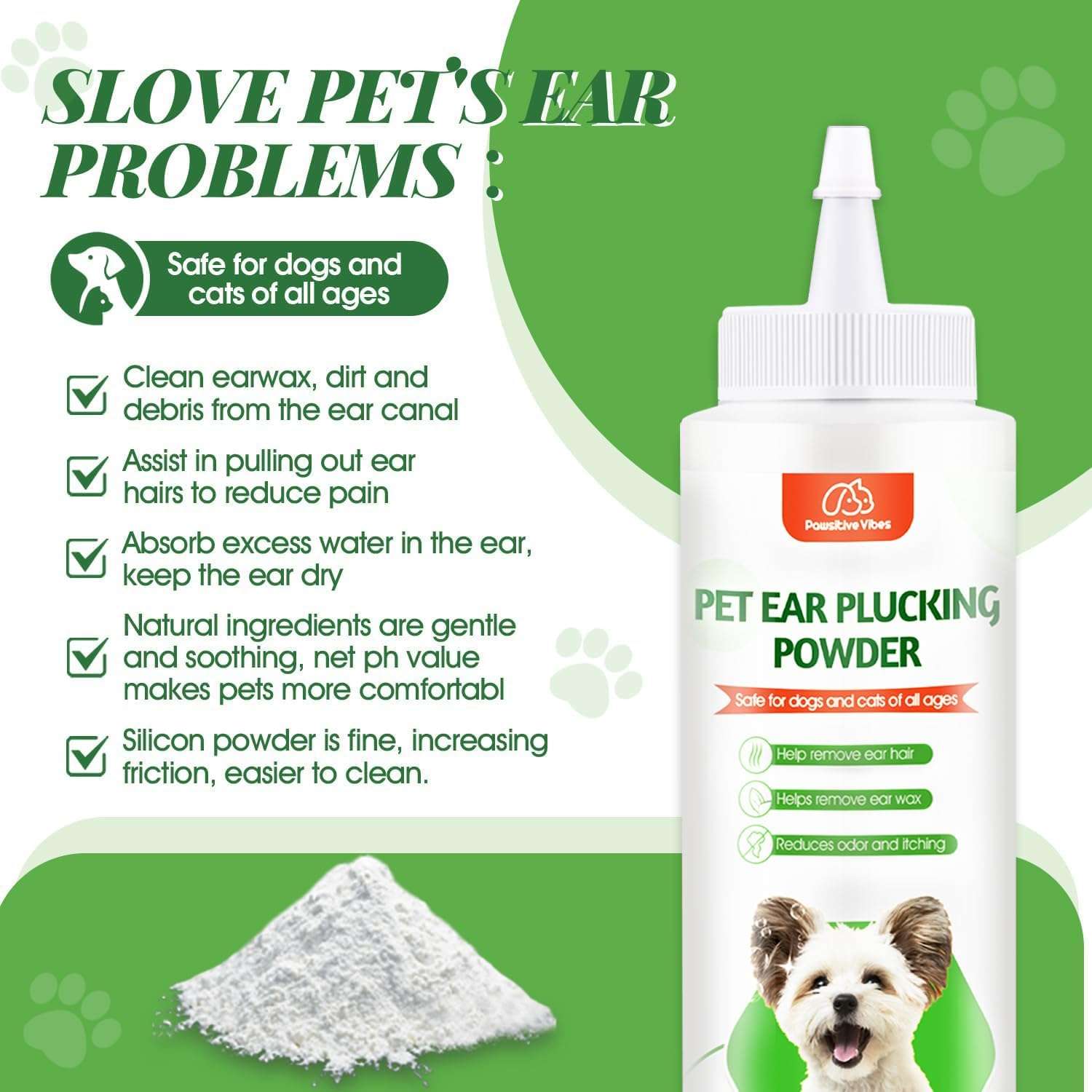 Kit veterinario de tres piezas con polvo pinzas y recortadora electrica para limpieza de oidos caninos.