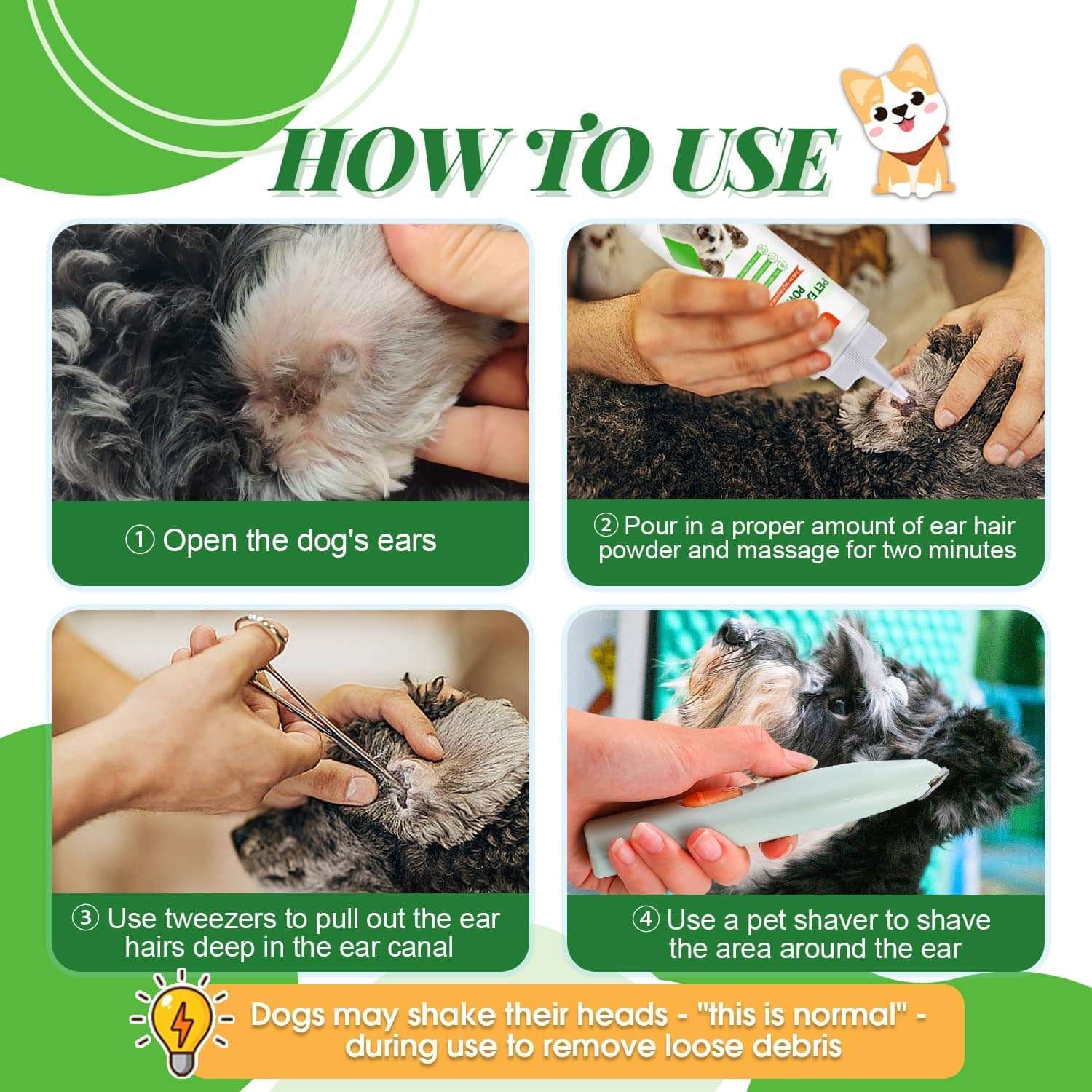 Kit veterinario de tres piezas con polvo pinzas y recortadora electrica para limpieza de oidos caninos.