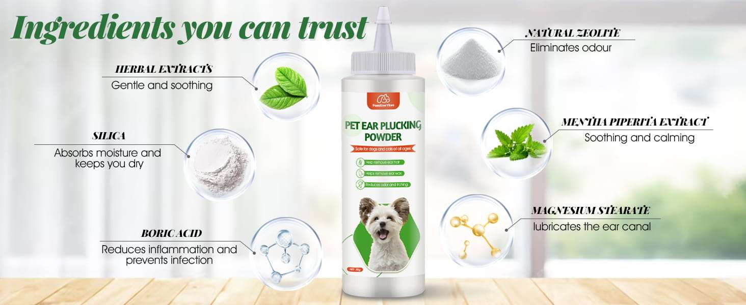 Kit veterinario de tres piezas con polvo pinzas y recortadora electrica para limpieza de oidos caninos.