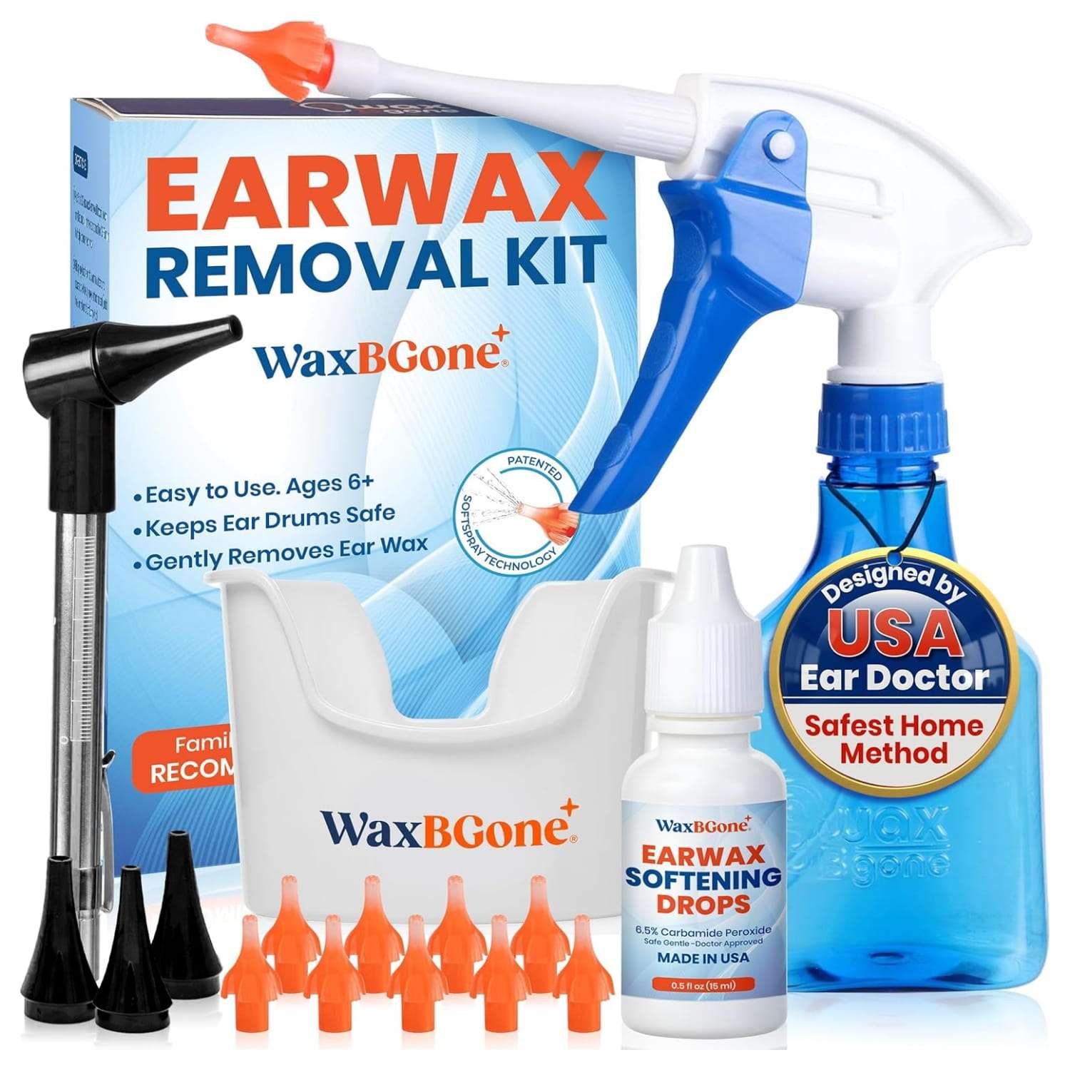 Kit veterinario de cinco piezas con irrigador otoscopio y gotas para limpieza de oidos de perros y gatos.