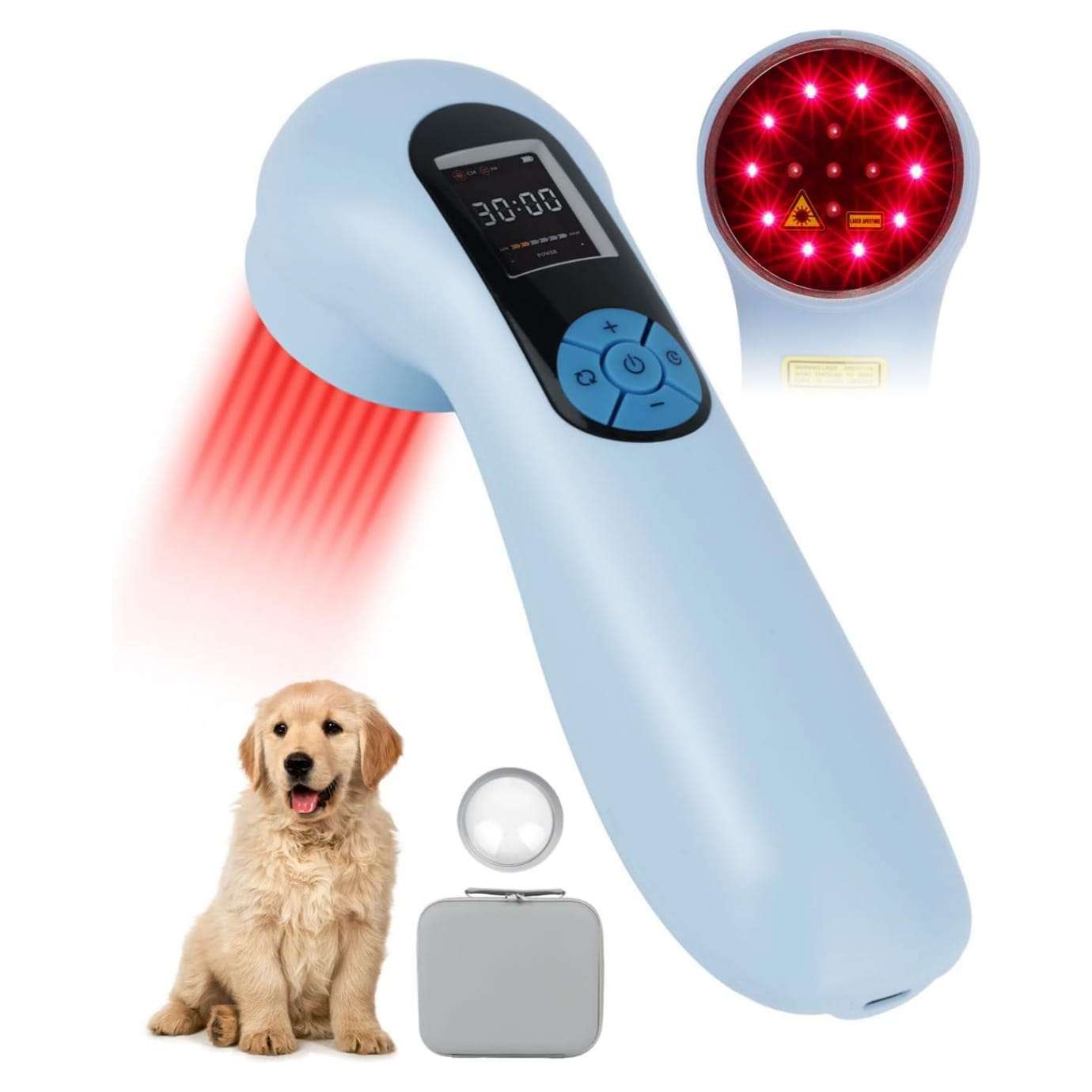 Dispositivo de terapia laser infrarrojo con estuche y gafas protectoras para rehabilitacion veterinaria.