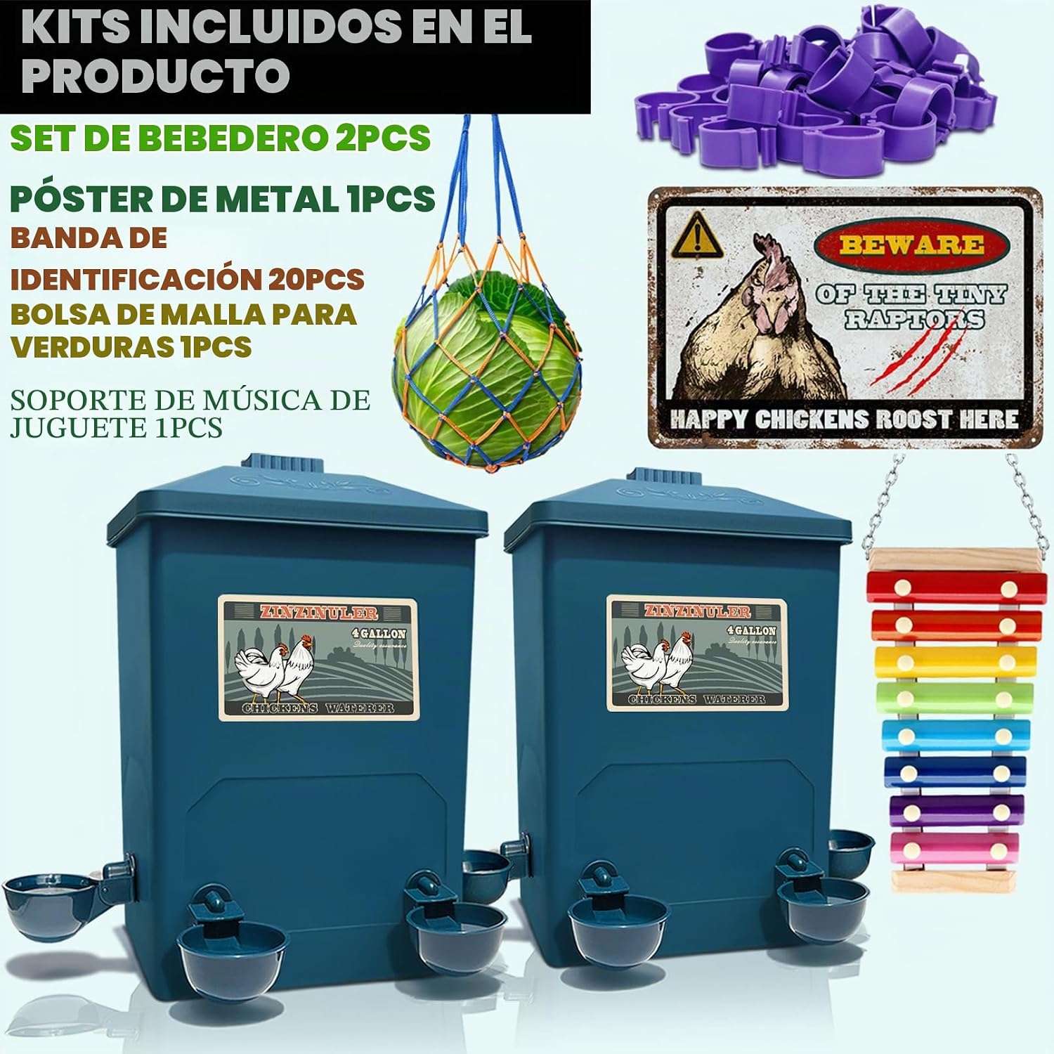 Pack de 2 bebederos de 15 litros cada uno para gallinas con tazas automaticas y sistema colgante.