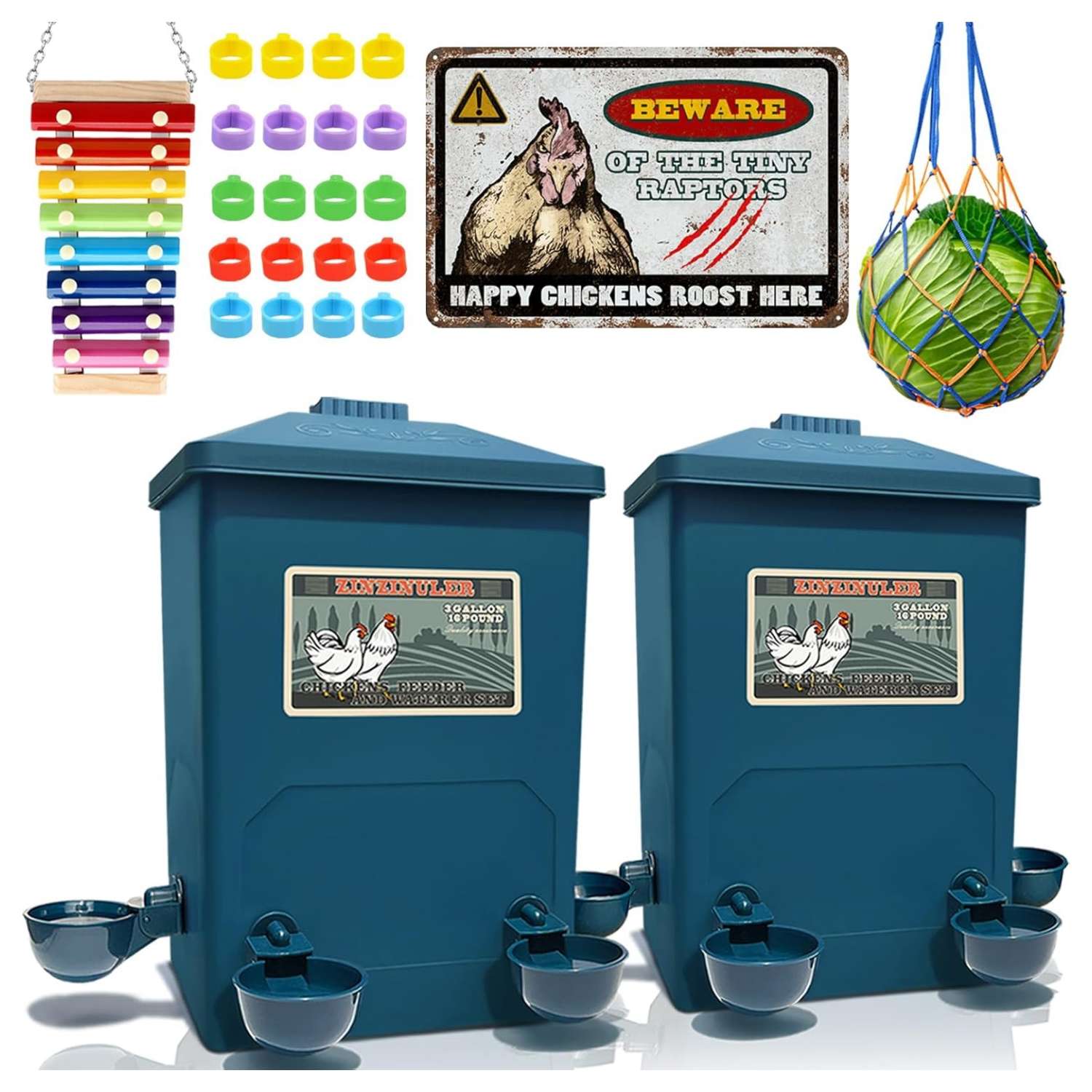 Pack de 2 bebederos de 15 litros cada uno para gallinas con tazas automaticas y sistema colgante.