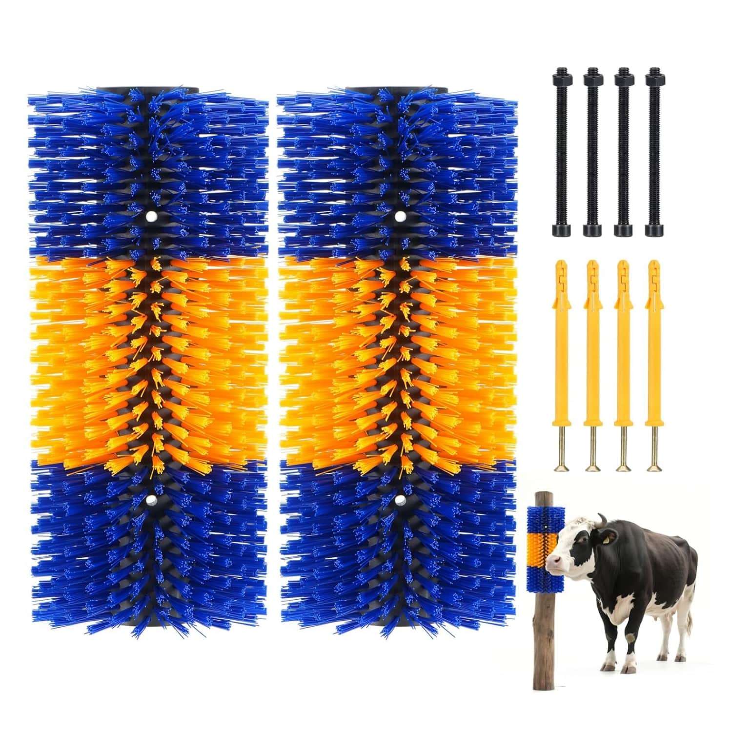 Pack de 2 cepillos rascadores anchos de 43x20 cm para vacas y caballos montaje en poste con cerdas largas
