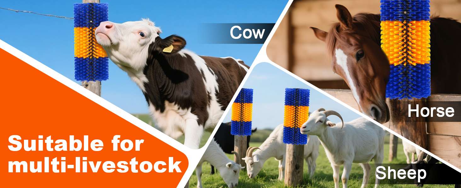 Pack de 2 cepillos rascadores anchos de 43x20 cm para vacas y caballos montaje en poste con cerdas largas