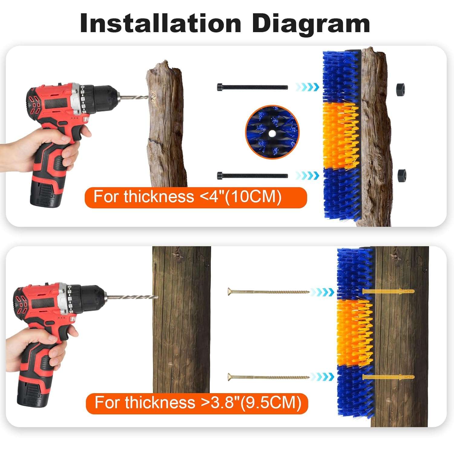 Pack de 2 cepillos rascadores anchos de 43x20 cm para vacas y caballos montaje en poste con cerdas largas