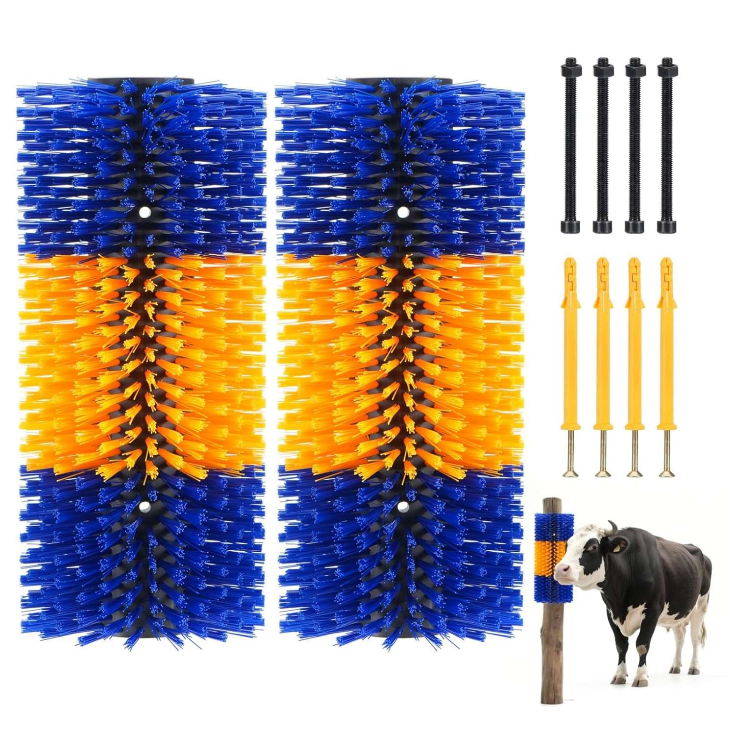 Pack de 2 cepillos rascadores anchos de 43x20 cm para vacas y caballos montaje en poste con cerdas largas