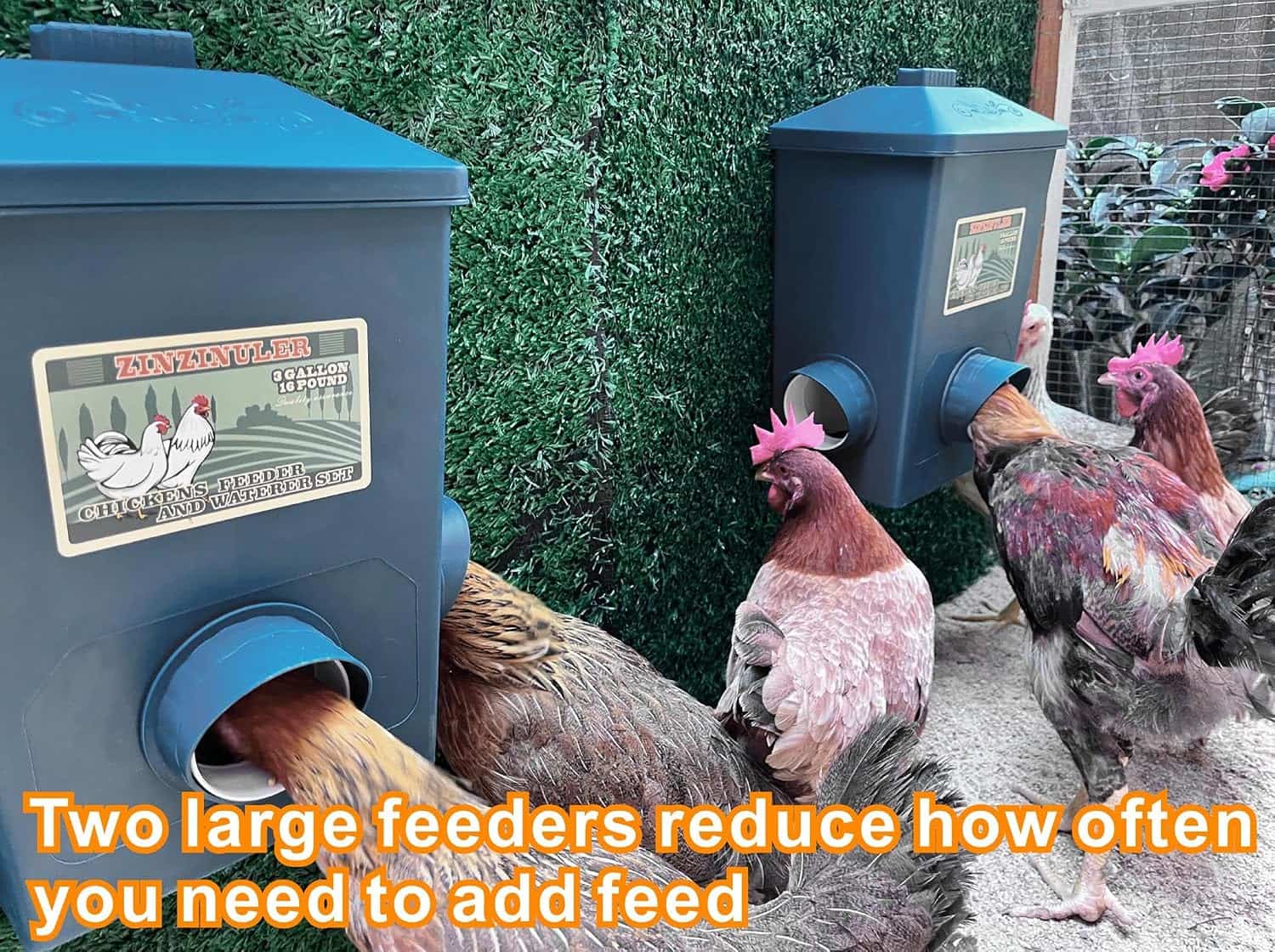 Pack de 2 comederos de 7 kg cada uno para gallinas anti lluvia y anti desperdicio montaje colgante.