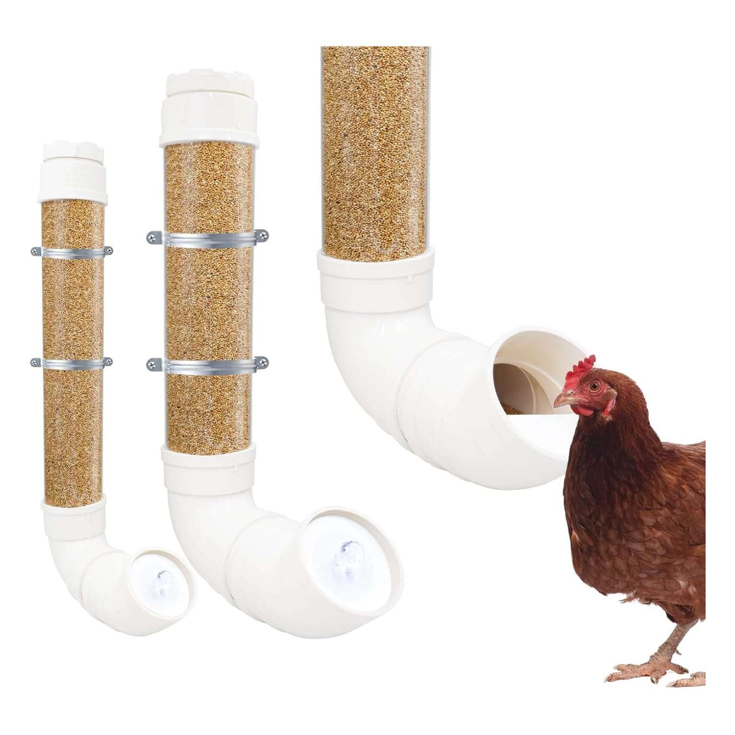 Set de dos comederos de PVC para aves de corral con tapa protectora y diseño de pared
