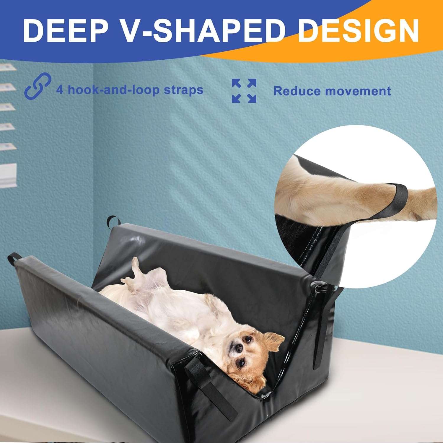 Posicionador veterinario tipo V profundo e impermeable con correas para ecografias y rayos X de mascotas.