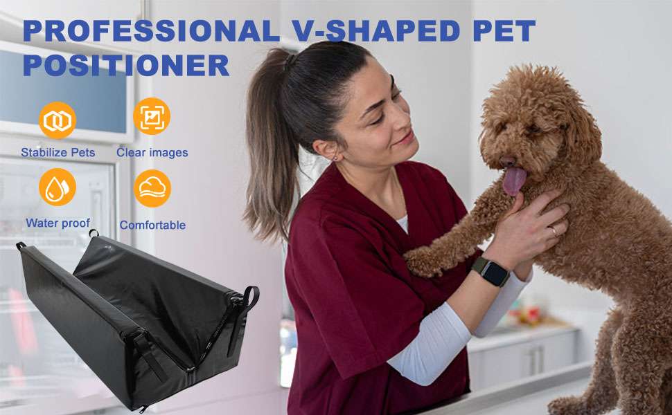 Posicionador veterinario tipo V profundo e impermeable con correas para ecografias y rayos X de mascotas.