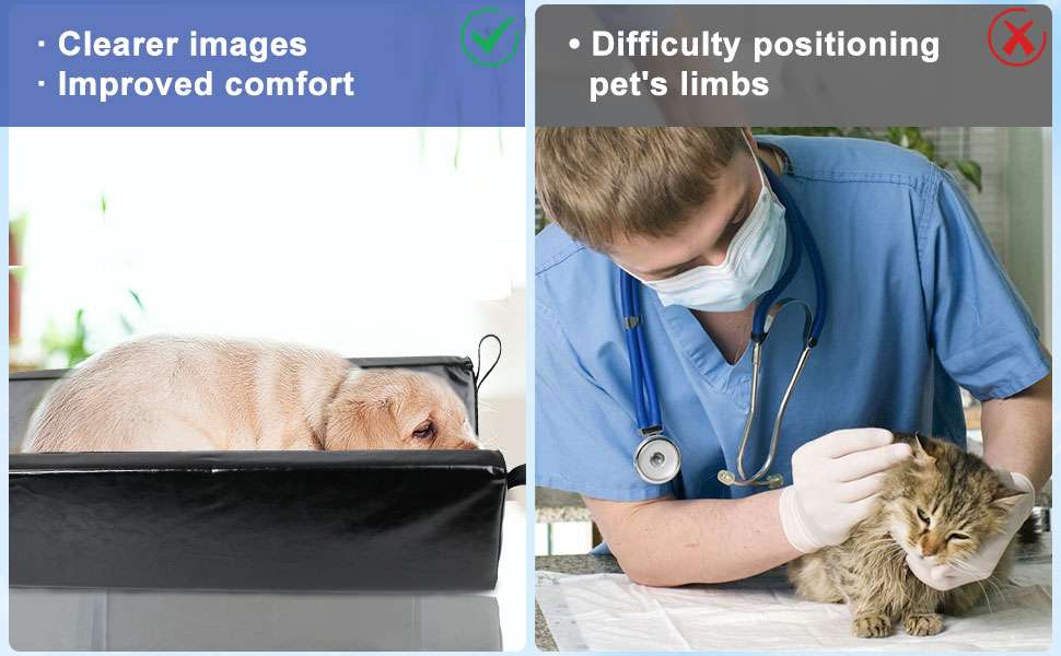Posicionador veterinario tipo V profundo e impermeable con correas para ecografias y rayos X de mascotas.
