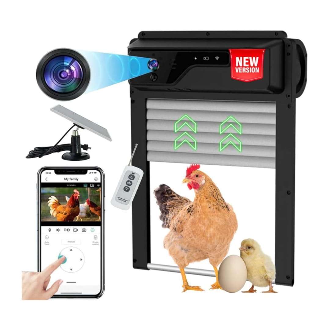 Puerta automatica solar para gallinero con camara wifi 1080p y bateria de 5000 mAh vision nocturna y control por app