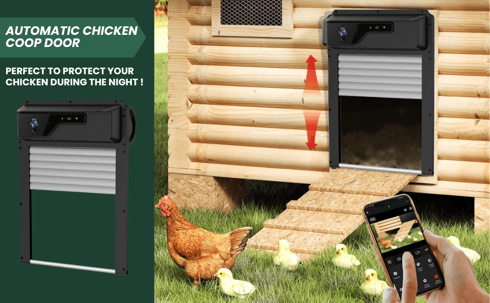 Puerta automatica solar para gallinero con camara wifi 1080p y bateria de 5000 mAh vision nocturna y control por app