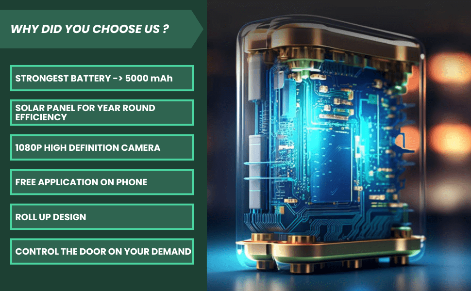 Puerta automatica solar para gallinero con camara wifi 1080p y bateria de 5000 mAh vision nocturna y control por app