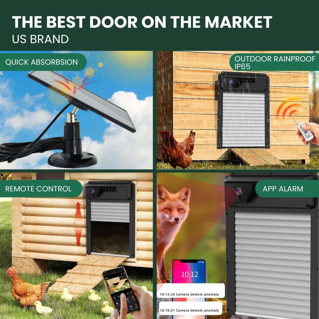 Puerta automatica solar para gallinero con camara wifi 1080p y bateria de 5000 mAh vision nocturna y control por app