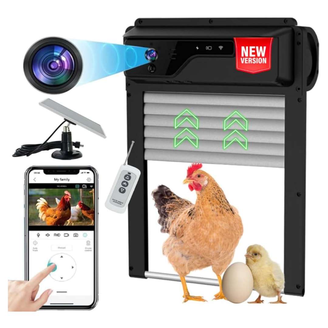Puerta automatica solar para gallinero con camara wifi 1080p y bateria de 5000 mAh vision nocturna y control por app