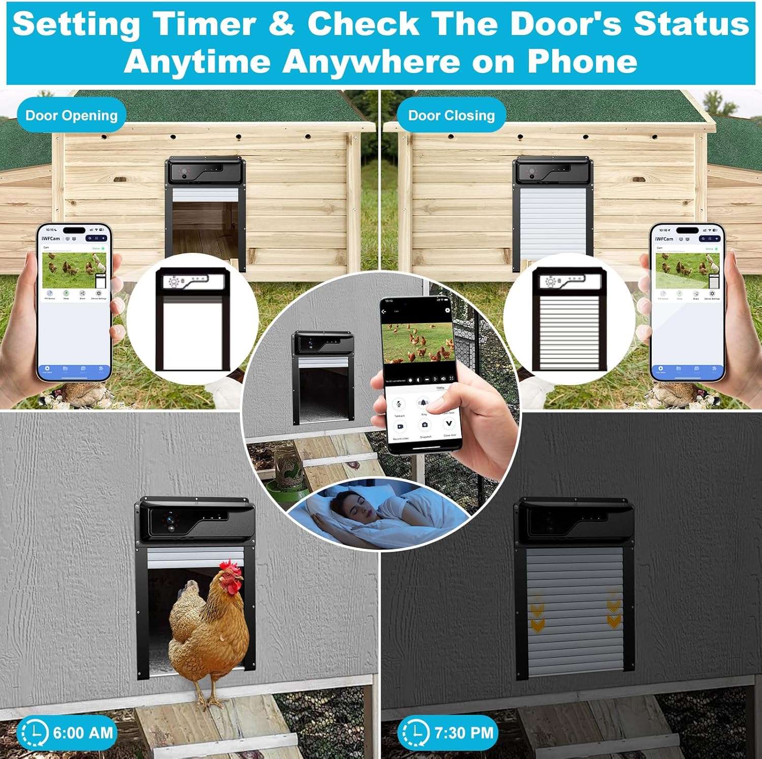 Puerta automatica solar para gallinero con camara wifi y app apertura estandar de 24 cm bateria integrada