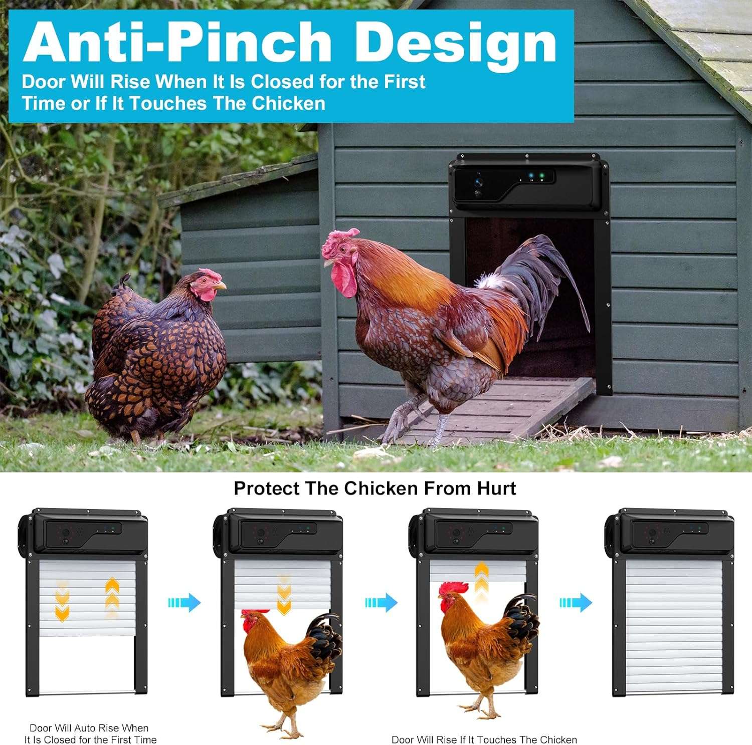 Puerta automatica solar para gallinero con camara wifi y app apertura estandar de 24 cm bateria integrada