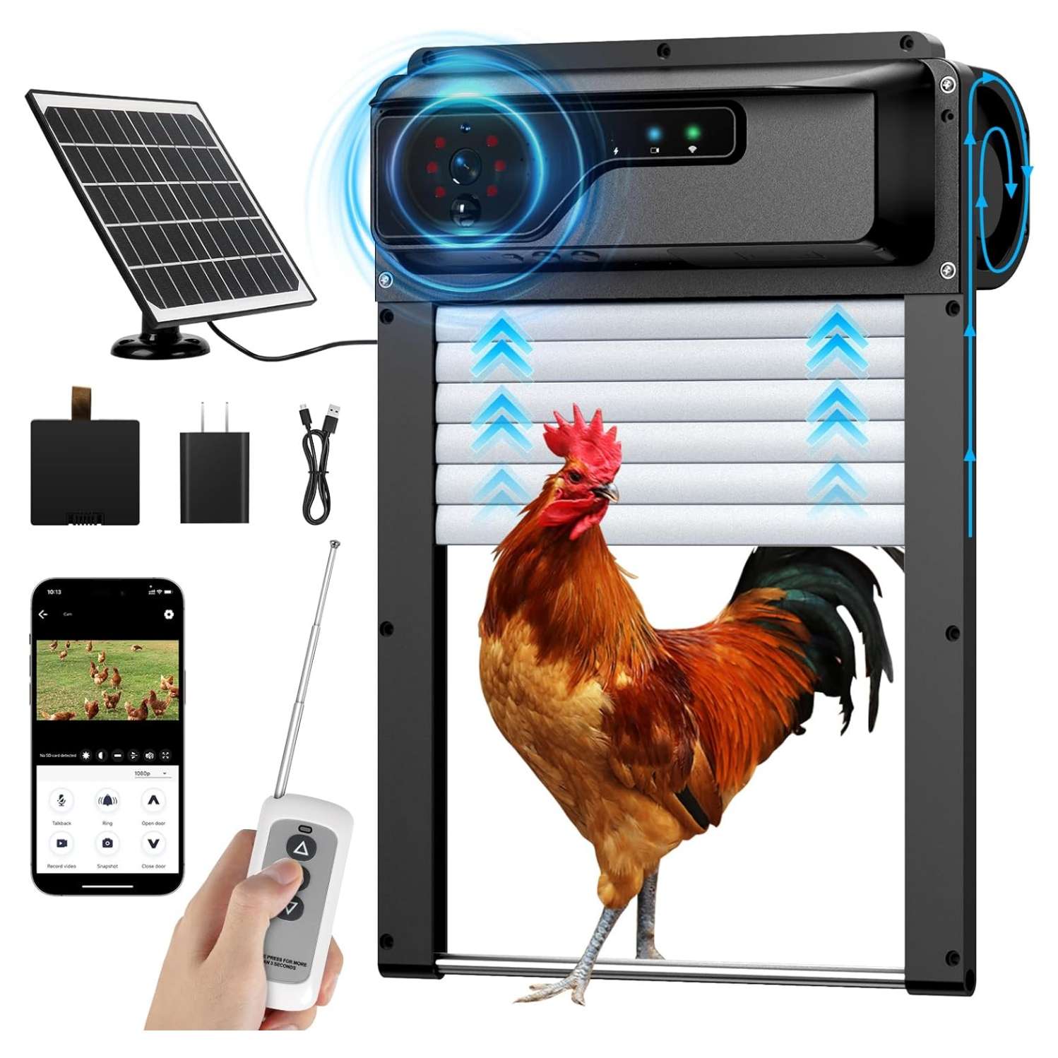 Puerta automatica solar para gallinero con camara wifi y app apertura estandar de 24 cm bateria integrada