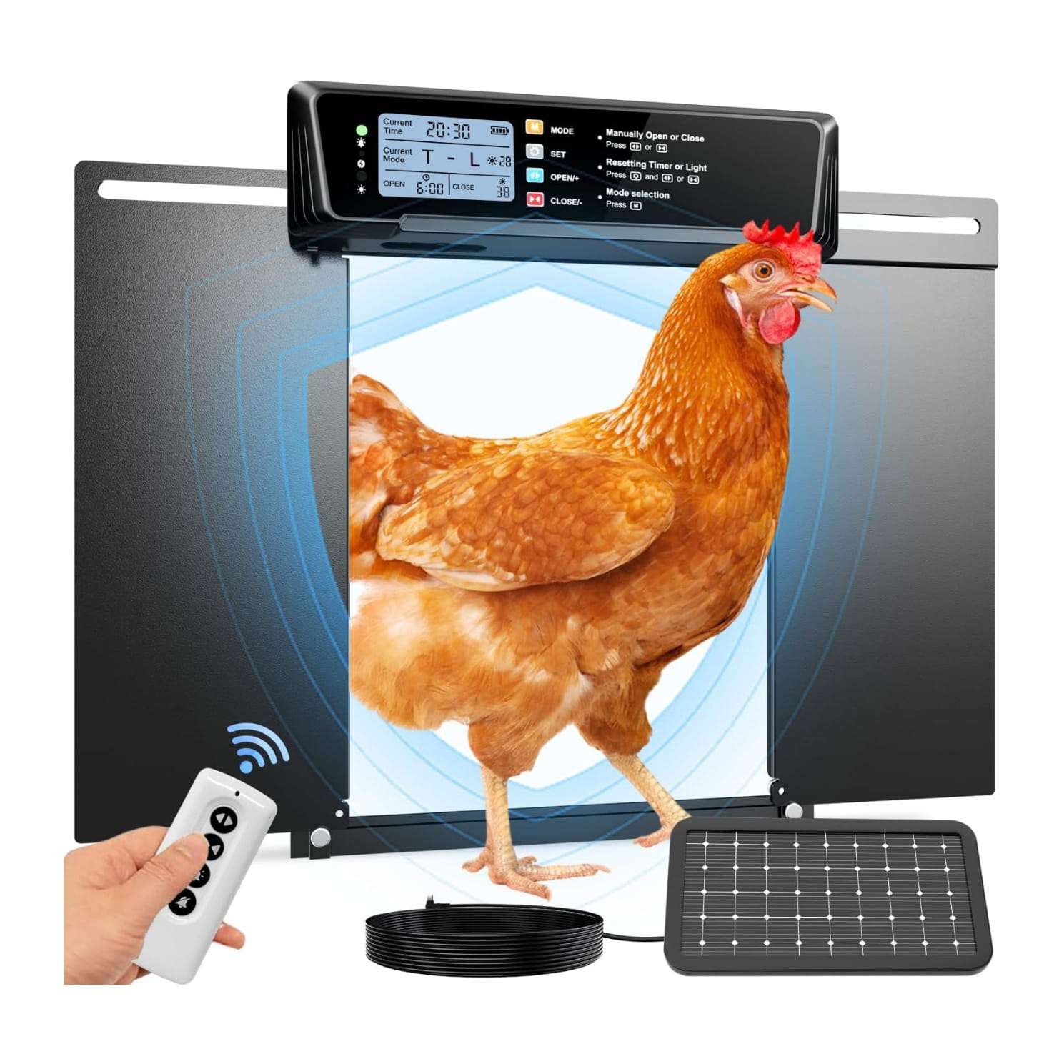 Puerta automatica de aluminio para gallinero apertura horizontal solar con pantalla LCD y control remoto para gallinas y patos