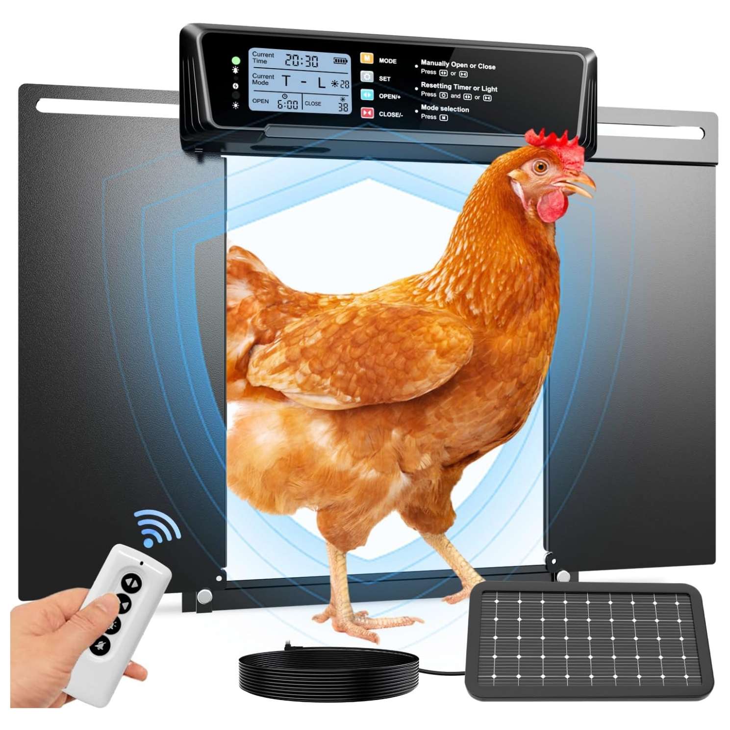 Puerta automatica de aluminio para gallinero apertura horizontal solar con pantalla LCD y control remoto para gallinas y patos