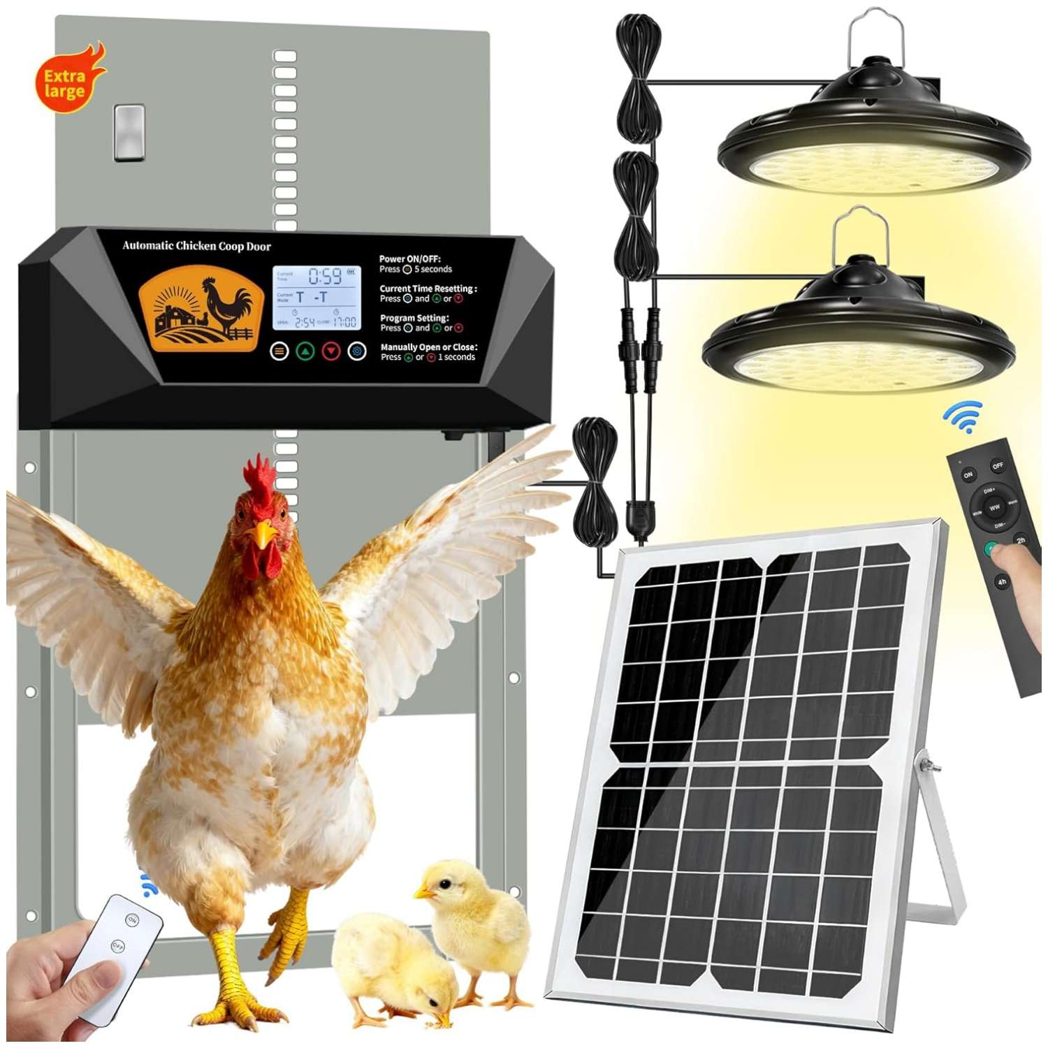 Puerta automatica solar XL para gallinero de aluminio con control remoto luces y sensor de seguridad para patos y gallinas