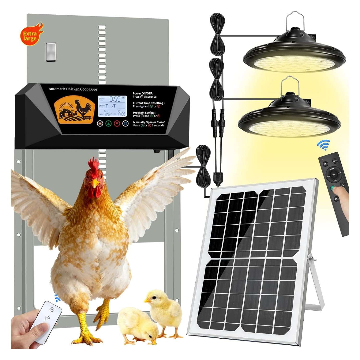Puerta automatica solar XL para gallinero de aluminio con control remoto luces y sensor de seguridad para patos y gallinas