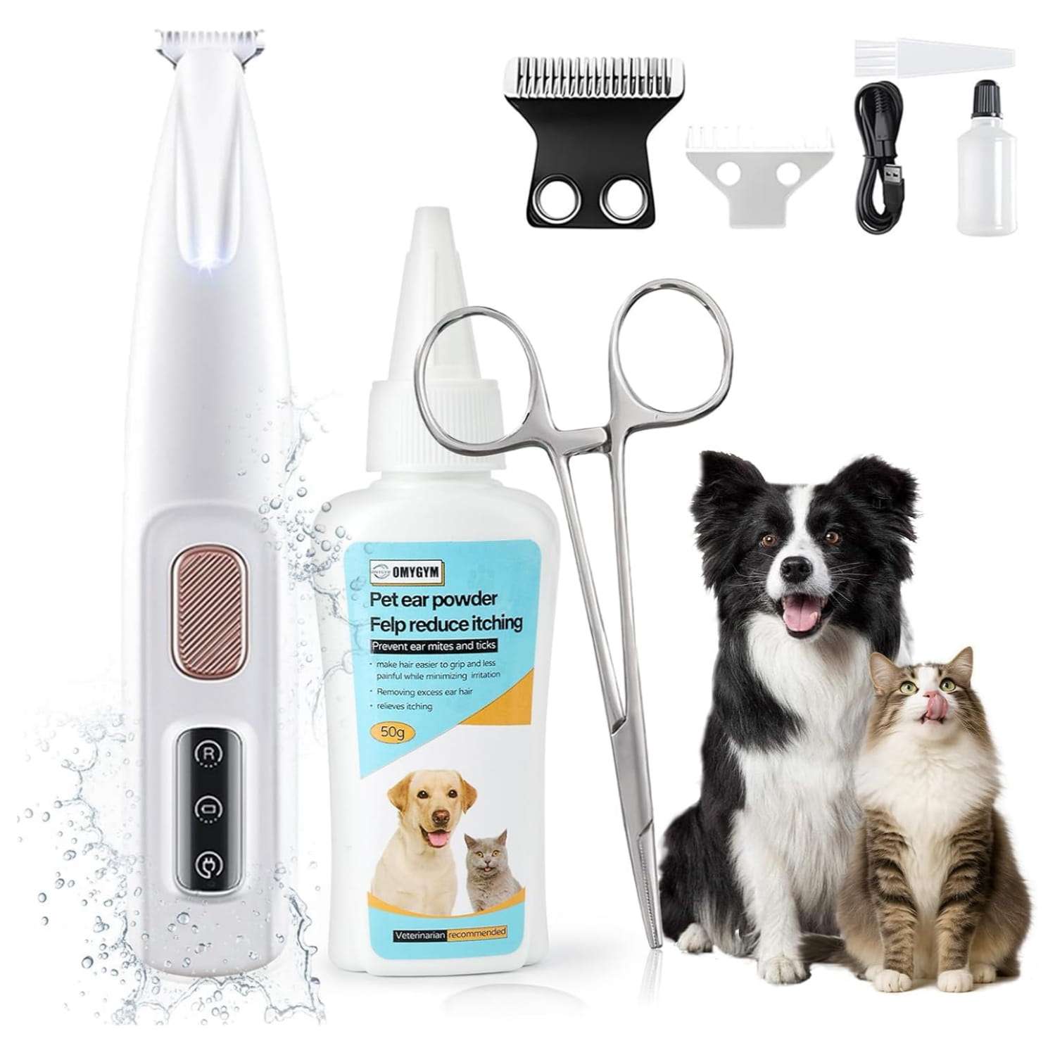 Kit de depilacion de orejas para perros poodle y schnauzer con polvo y pinzas hemostaticas