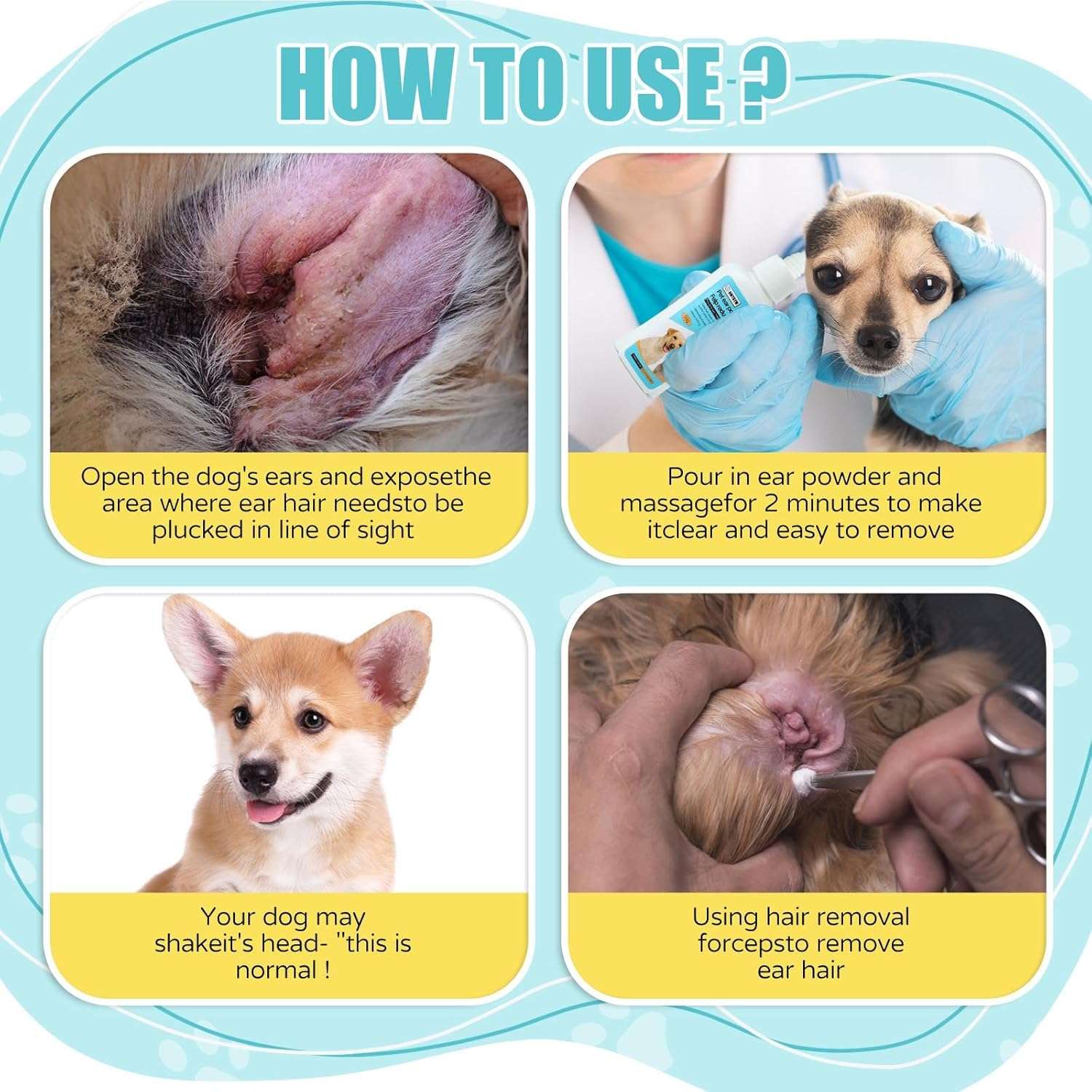 Kit de depilacion de orejas para perros poodle y schnauzer con polvo y pinzas hemostaticas