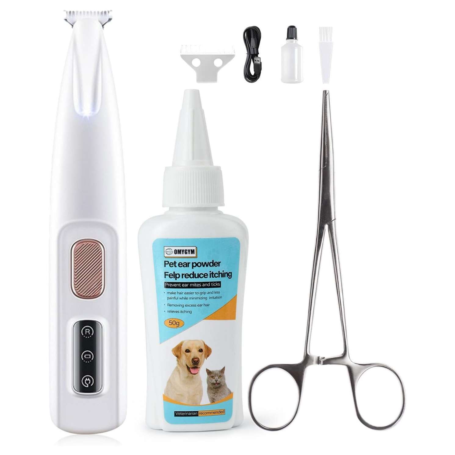 Kit de depilacion de orejas para perros poodle y schnauzer con polvo y pinzas hemostaticas