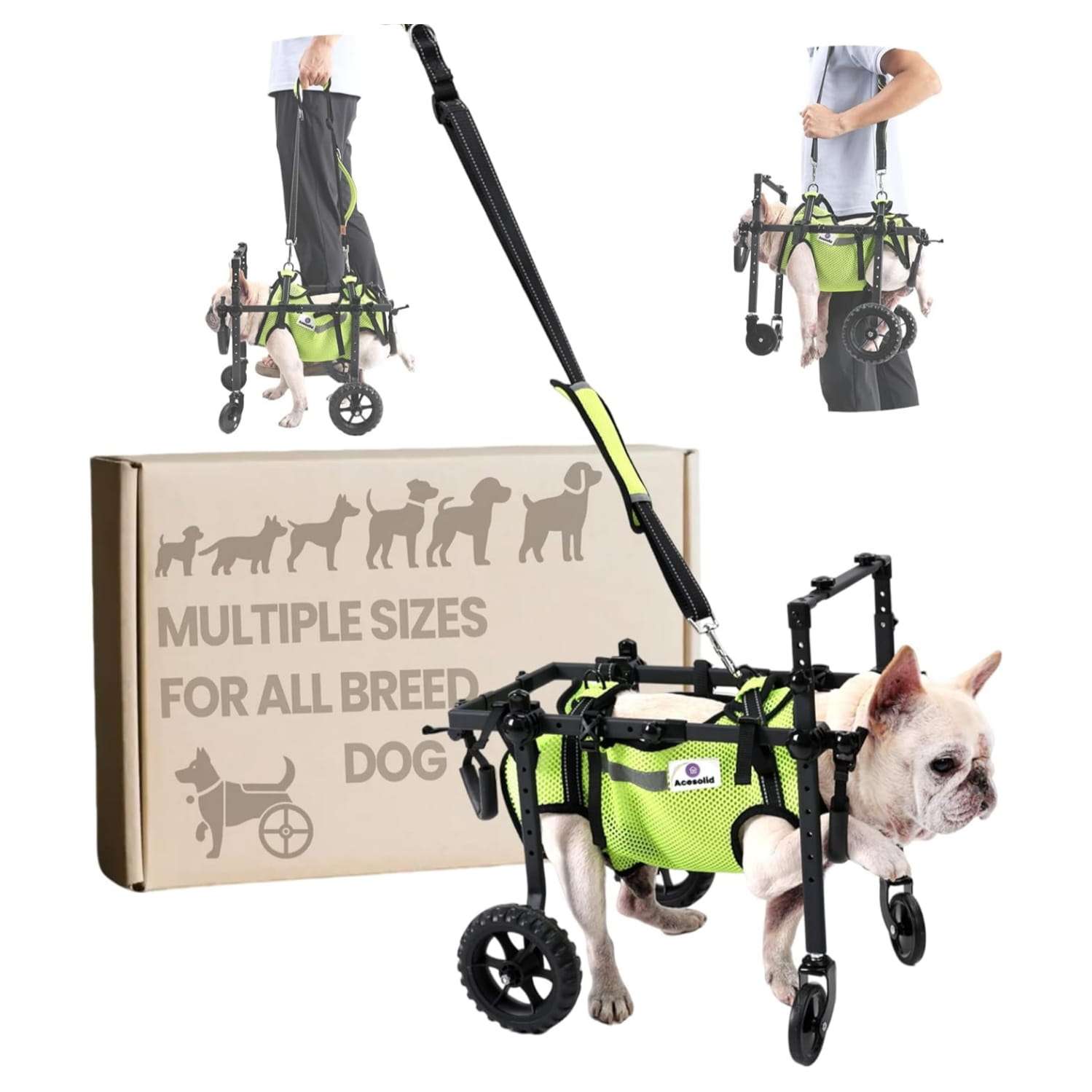 Silla de ruedas de cuatro puntos ultraligera y ajustable para perros con chaleco reflectante.