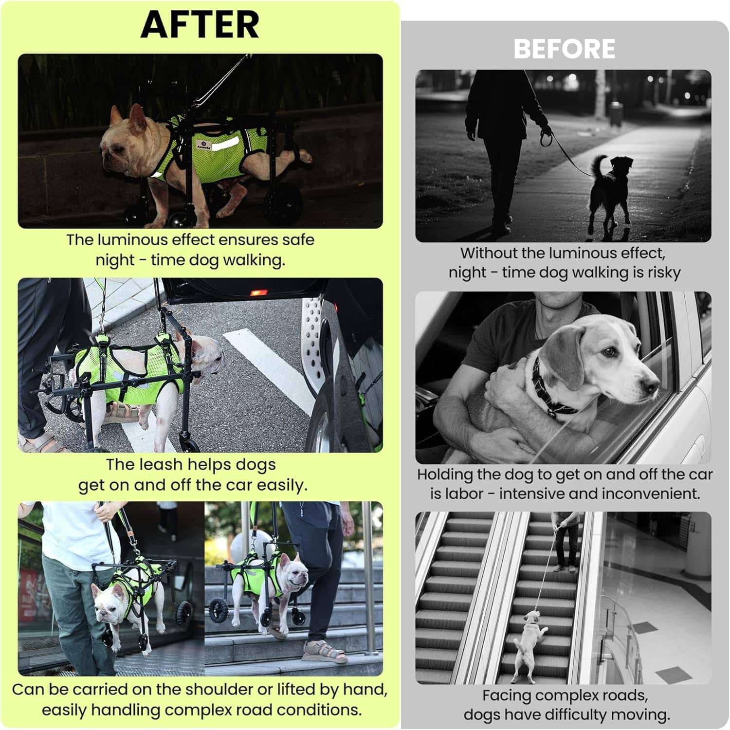 Silla de ruedas de cuatro puntos ultraligera y ajustable para perros con chaleco reflectante.