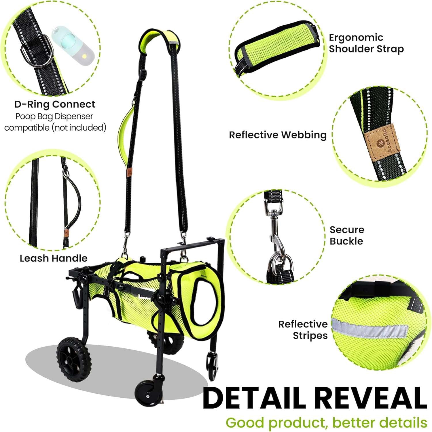 Silla de ruedas de cuatro puntos ultraligera y ajustable para perros con chaleco reflectante.