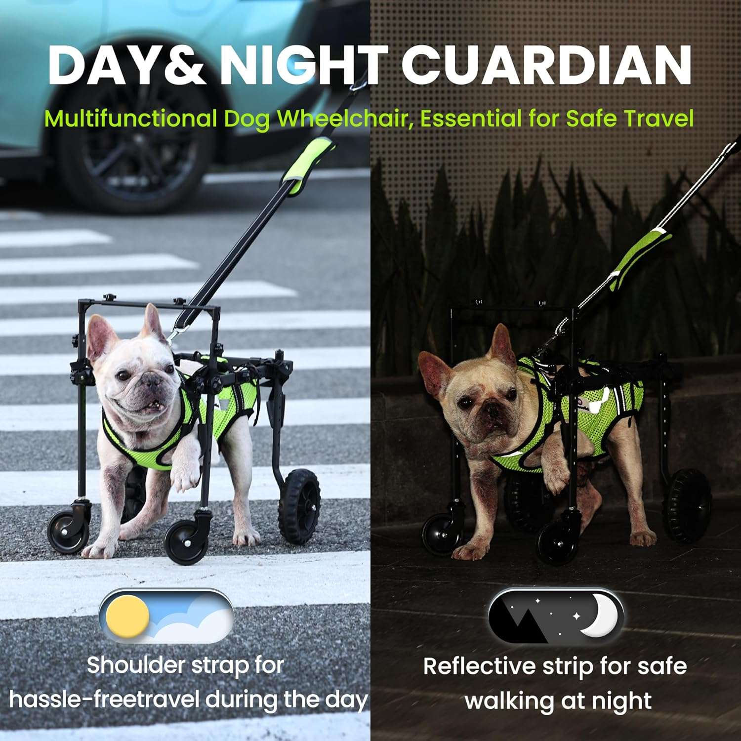 Silla de ruedas de cuatro puntos ultraligera y ajustable para perros con chaleco reflectante.