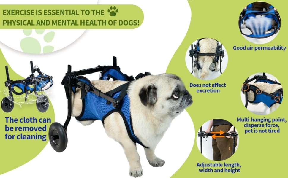 Silla de ruedas de aluminio ligero para perros con soporte abdominal de malla transpirable.