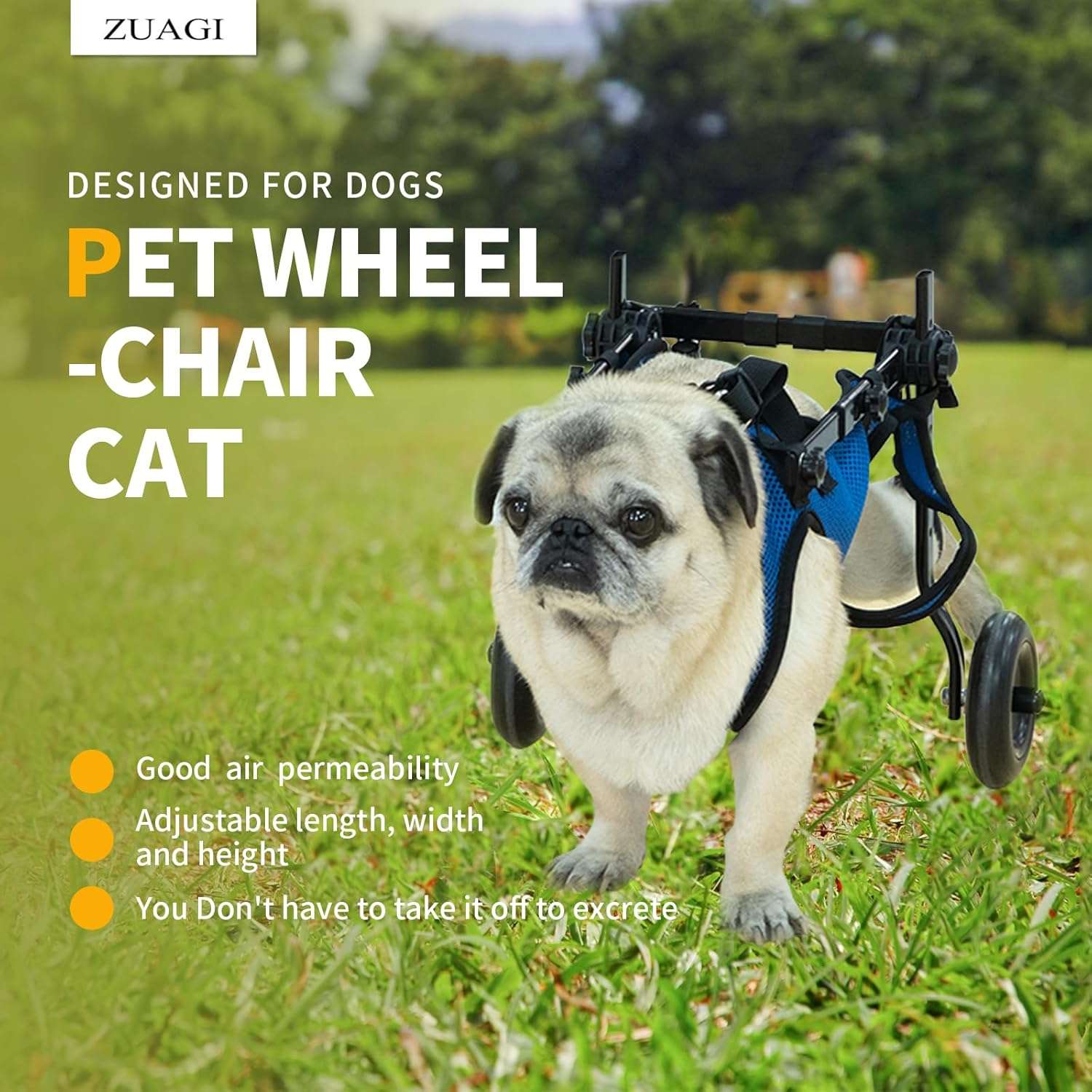 Silla de ruedas de aluminio ligero para perros con soporte abdominal de malla transpirable.