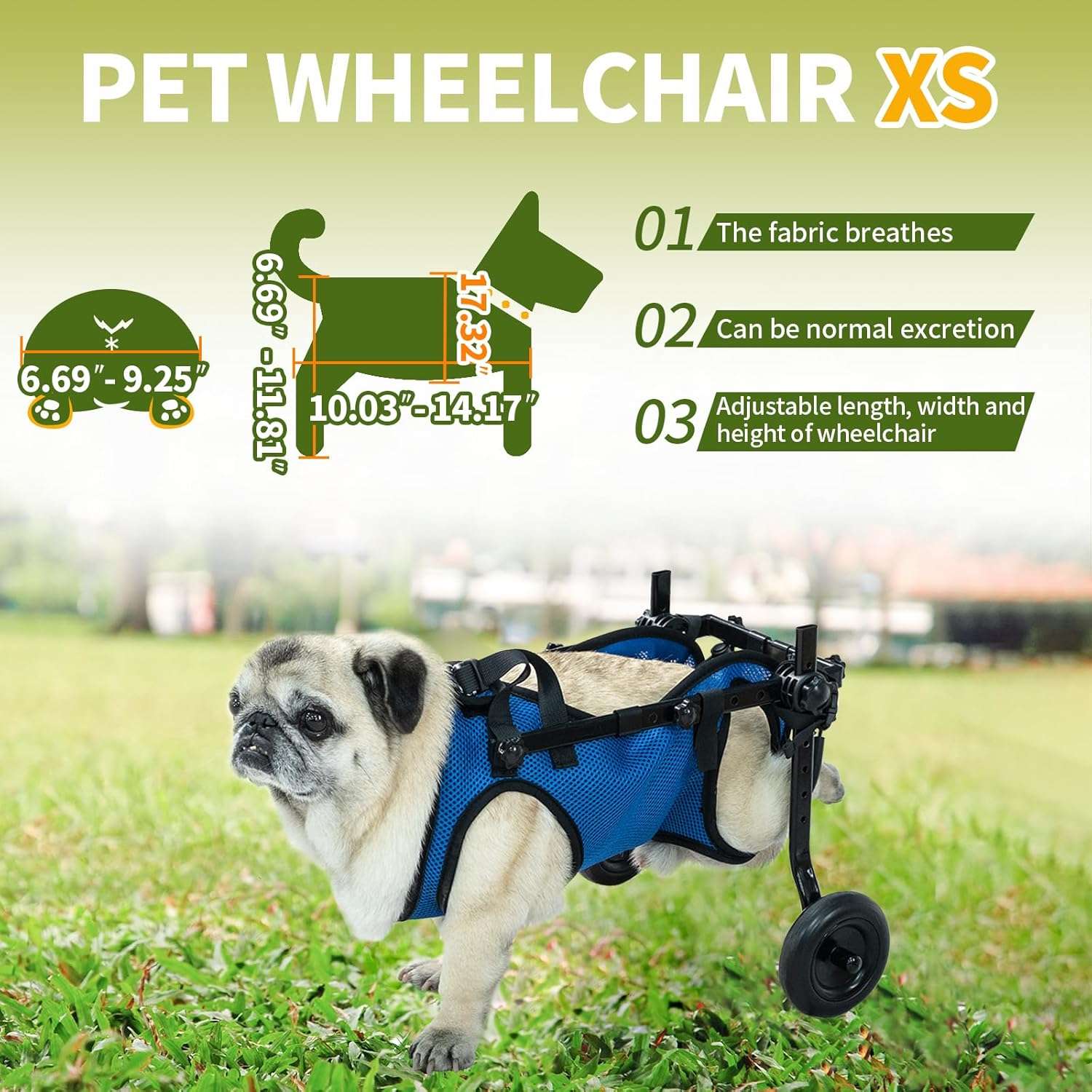 Silla de ruedas de aluminio ligero para perros con soporte abdominal de malla transpirable.