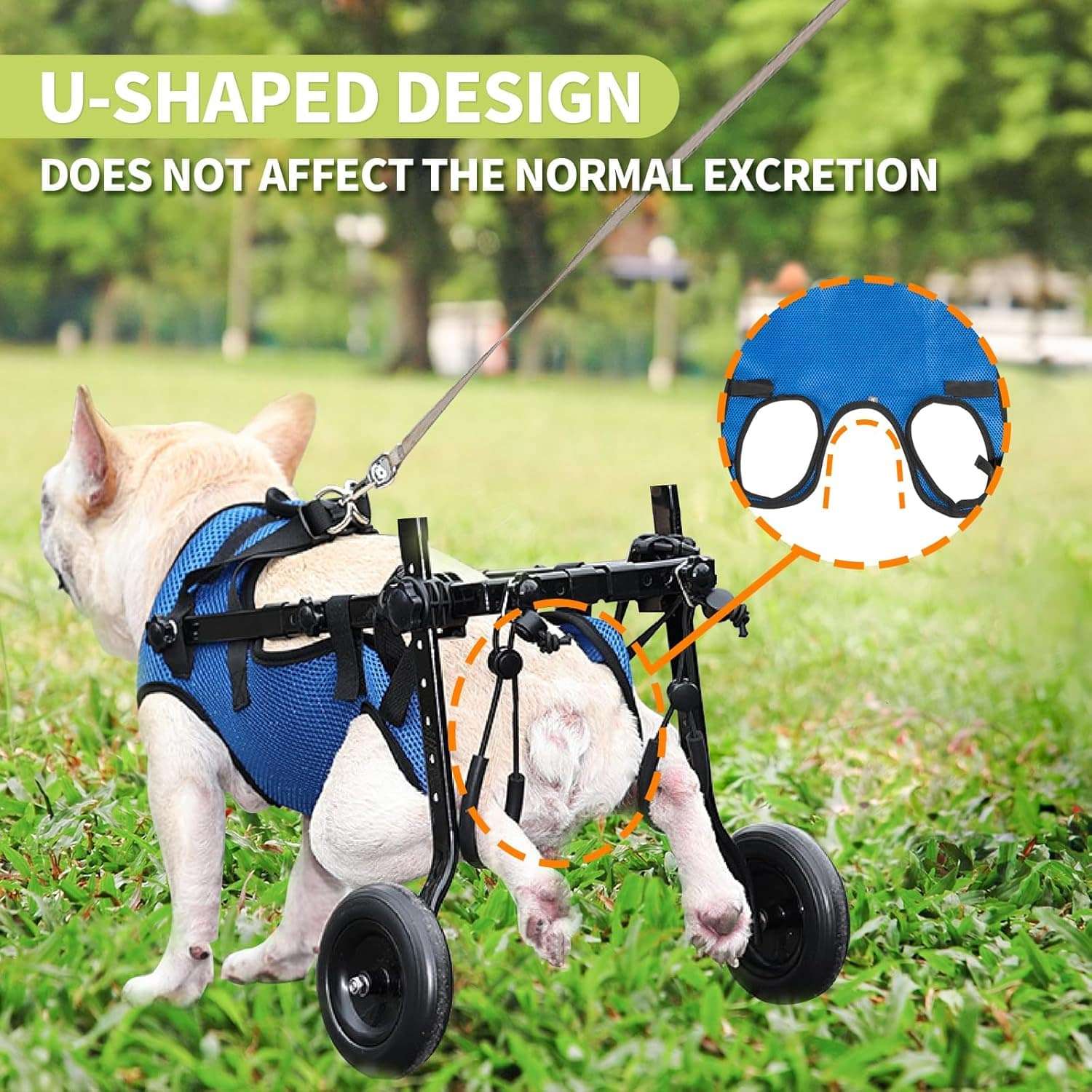 Silla de ruedas de aluminio ligero para perros con soporte abdominal de malla transpirable.