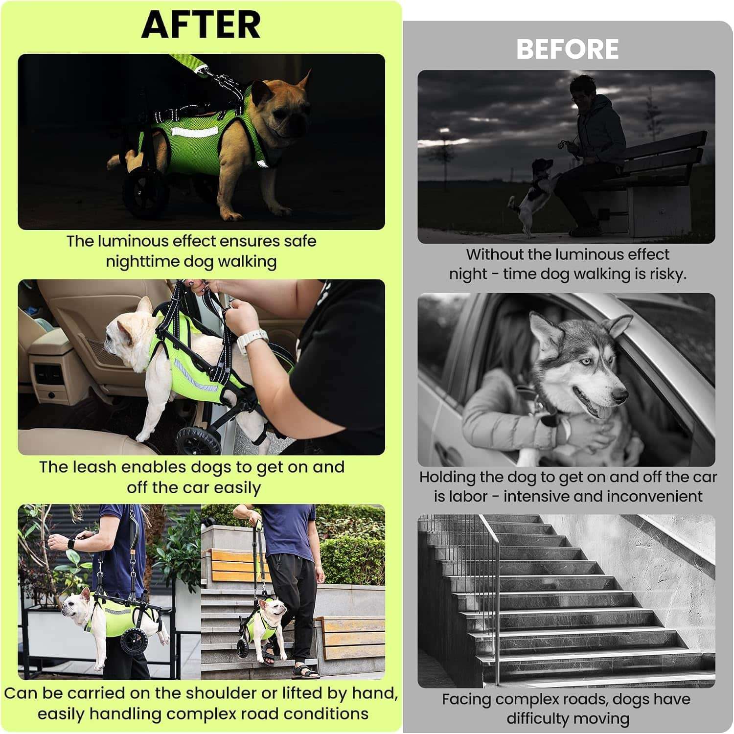 Silla de ruedas para perros con chaleco reflectante ruedas todoterreno y arnes de elevacion.