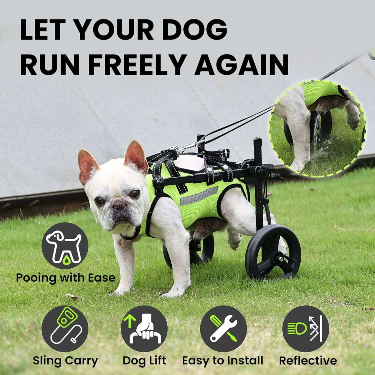 Silla de ruedas para perros con chaleco reflectante ruedas todoterreno y arnes de elevacion.