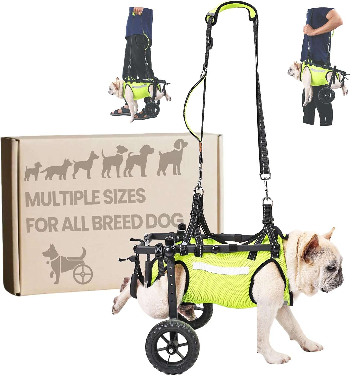 Silla de ruedas para perros con chaleco reflectante ruedas todoterreno y arnes de elevacion.