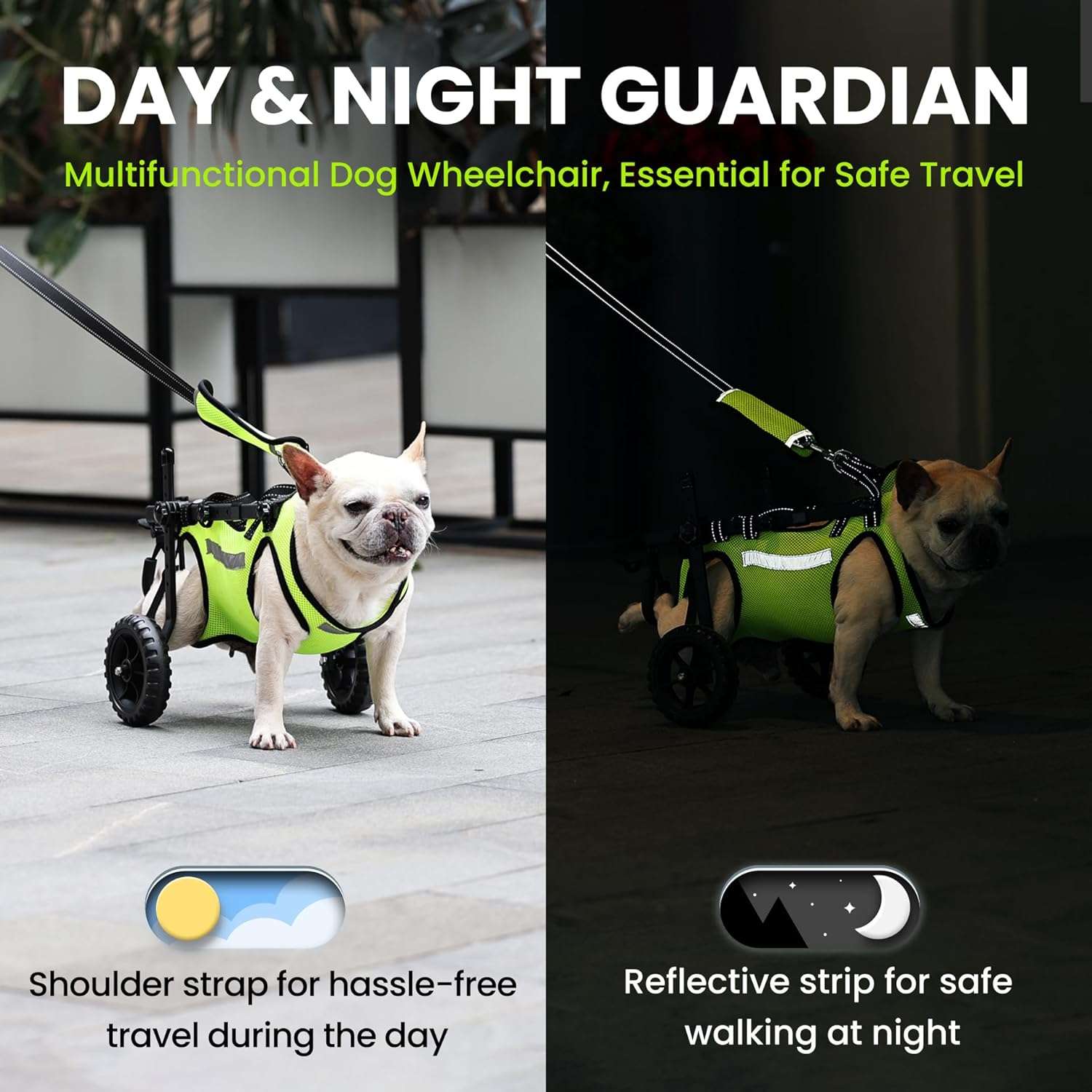 Silla de ruedas para perros con chaleco reflectante ruedas todoterreno y arnes de elevacion.