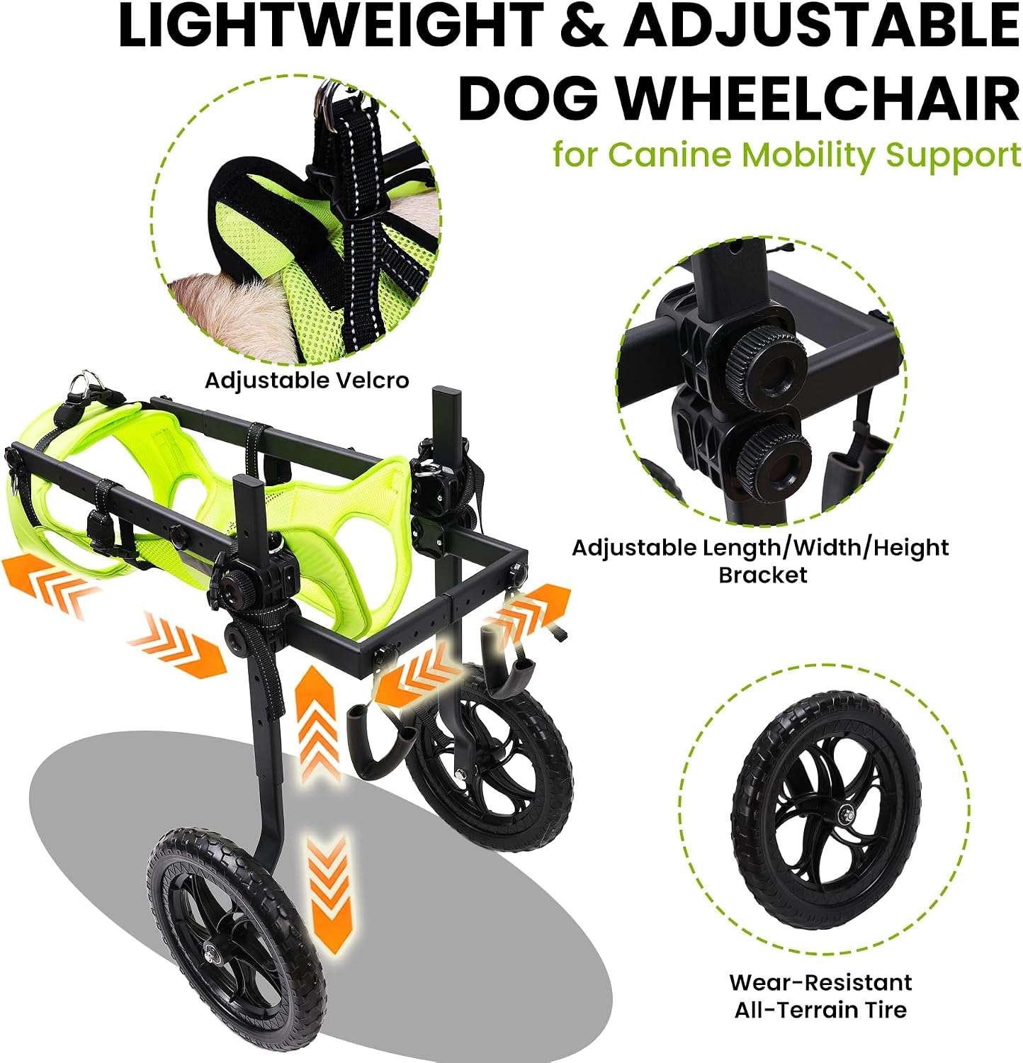 Silla de ruedas para perros con chaleco reflectante ruedas todoterreno y arnes de elevacion.