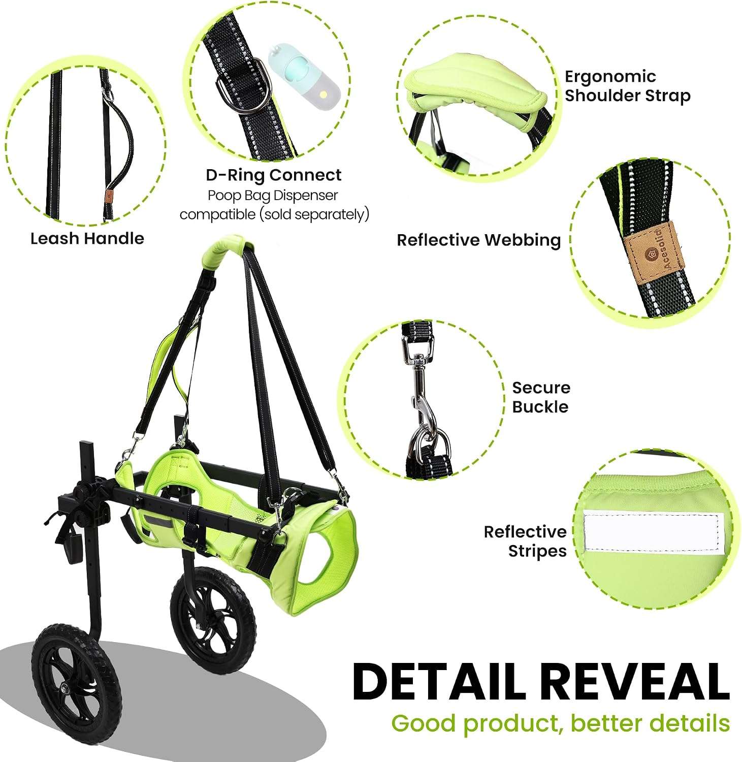 Silla de ruedas para perros con chaleco reflectante ruedas todoterreno y arnes de elevacion.